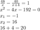 \frac{48}{x}-\frac{40}{x+4}=1\\ x^2-4x-192=0\\ x_1=-1\\x_2=16\\ 16+4=20