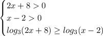 \begin{cases} 2x+80\\x-20\\log_3(2x+8)\geq log_3(x-2) \end{cases}