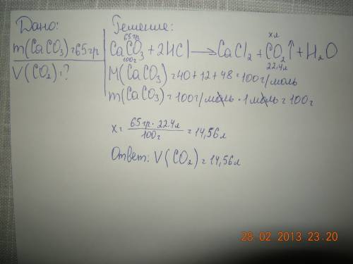 Сколько литров углекислого газа выделится при взаимодействии с соляной кислотой 65 гр карбоната каль