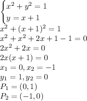 \\\begin{cases} x^2+y^2=1\\y=x+1 \end{cases}\\ x^2+(x+1)^2=1\\ x^2+x^2+2x+1-1=0\\ 2x^2+2x=0\\ 2x(x+1)=0\\ x_1=0,x_2=-1\\ y_1=1,y_2=0\\ P_1=(0,1)\\ P_2=(-1,0)