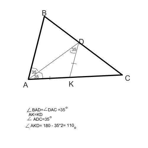 Отрезок ad биссектриса треугольника abc через точку d проведена прямая ak в точке k так, что dk=ak н
