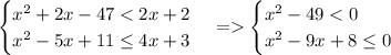 \begin{cases}x^2+2x-47<2x+2\\x^2-5x+11\leq4x+3\end{cases}= \begin{cases}x^2-49<0\\x^2-9x+8\leq0\end{cases}