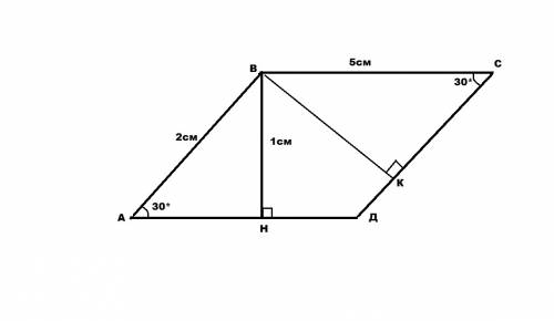 Площадь параллелограмма равна 5см2,а две его смежные стороны-2см и 5см. найдите острый угол и высоты