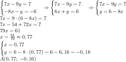 \begin{cases} 7x-9y=7\\ -8x-y=-6 \end{cases}\Rightarrow \begin{cases} 7x-9y=7\\ 8x+y=6 \end{cases}\Rightarrow \begin{cases} 7x-9y=7\\ y=6-8x \end{cases}\\ 7x-9\cdot(6-8x)=7\\ 7x-54+72x=7\\ 79x=61\\ x=\frac{61}{79}\approx0,77\\ \begin{cases} x=0,77\\ y=6-8\cdot(0,77)=6-6,16=-0,16 \end{cases}\\ A(0,77;\;-0,16)