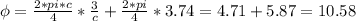 \phi=\frac{2*pi*c}{4}*\frac{3}{c}+\frac{2*pi}{4}*3.74=4.71+5.87=10.58