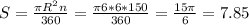 S = \frac{\pi R^2 n}{360}=\frac{\pi6*6*150}{360}=\frac{15\pi}{6}=7.85