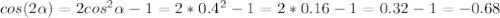 cos (2 \alpha)=2cos^2 \alpha-1=2*0.4^2-1=2*0.16-1=0.32-1=-0.68