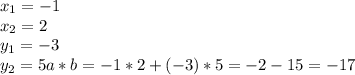 x_1=-1\\&#10;x_2=2\\&#10;y_1=-3\\&#10;y_2=5&#10;a*b=-1*2+(-3)*5=-2-15=-17&#10;