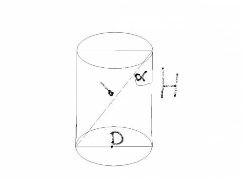 Циліндр, діагональ осьового перерізу і твірна утворюють кут альфа, діагональ перерізу d. знайти об*є