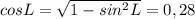 cosL=\sqrt{1-sin^2L}=0,28