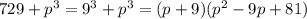 729+p^3=9^3+p^3=(p+9)(p^2-9p+81)