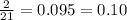 \frac{2}{21} = 0.095 = 0.10