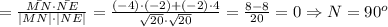 \cosN=\frac{\bar{MN}\cdot\bar{NE}}{|MN|\cdot|NE|}=\frac{(-4)\cdot(-2)+(-2)\cdot4}{\sqrt{20}\cdot\sqrt{20}}=\frac{8-8}{20}=0\Rightarrow N=90^o