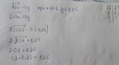 Найдите значение выражения √12x - 5y при x = 0,12, y = -0,05​