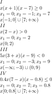 I\\x(x+1)(x-7)\geq0\\ x_{1}=0; x_{2}=-1; x_{3}=7\\ x[-1;0]\cup[7;+\infty})\\ II\\ x(2-x)0\\ x_{1}=0; x_{2}=2\\ x(0;2)\\ III\\ 5x(3+x)(x-9)