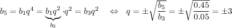 b_5=b_1q^4=\underbrace{b_1q^2}_{b_3}\cdot q^2=b_3q^2~~~\Leftrightarrow~~ q=\pm\sqrt{\dfrac{b_5}{b_3}}=\pm\sqrt{\dfrac{0.45}{0.05}}=\pm3