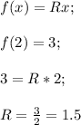 f(x)=Rx;\\\\f(2)=3;\\\\3=R*2;\\\\R=\frac{3}{2}=1.5