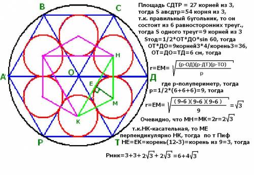 Диагонали ср и ад правильного шестиугольника abcдtp пересекаются в точке о. площадь четырёхугольника