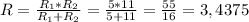 R=\frac{R_1*R_2}{R_1+R_2}=\frac{5*11}{5+11}=\frac{55}{16}=3,4375