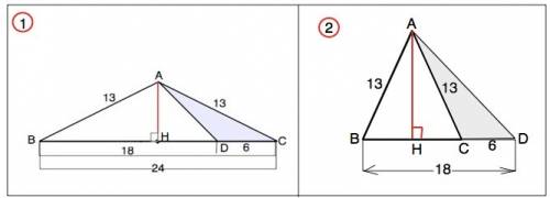 Ab=ac=13, bd=18,dc=6. найдите площадь треугольника adc