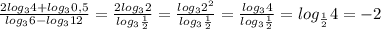 \frac{2log_{3}4+log_{3}0,5}{log_{3}6-log_{3}12} = \frac{2log_{3}2}{log_{3}\frac{1}{2}} = \frac{log_{3}2^2}{log_{3}\frac{1}{2}} = \frac{log_{3}4}{log_{3}\frac{1}{2}} = log_\frac{1}{2}4=-2