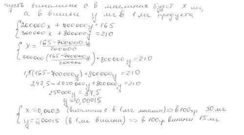 Решите 200г малины и 700г вишен содержат 165мг витамина с,а 300г малины и 800 г вишен 210г.сколько в