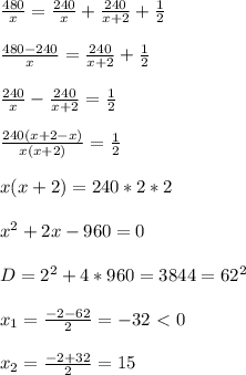 \frac{480}{x}= \frac{240}{x}+ \frac{240}{x+2}+ \frac{1}{2} \\ \\ \frac{480-240}{x}= \frac{240}{x+2}+ \frac{1}{2} \\ \\ \frac{240}{x}- \frac{240}{x+2}= \frac{1}{2} \\ \\ \frac{240(x+2-x)}{x(x+2)}= \frac{1}{2} \\ \\ x(x+2)=240*2*2 \\ \\ x^{2} +2x-960=0 \\ \\ D=2^2+4*960=3844=62^2 \\ \\ x_1= \frac{-2-62}{2}=-32\ \textless \ 0 \\ \\ x_2= \frac{-2+32}{2} =15