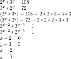 2^x*3^y=108\\ 3^x*2^y=72\\ (2^x*3^y)=108 = 2*2*3*3*3\\ (3^x*2^y) = 72 = 2*2*2*3*3\\ 2^{x-2}*3^{y-3}=1\\ 3^{x-2}*2^{y-3}=1\\ x - 2 = 0\\ y - 3 = 0\\ x = 2\\ y = 3