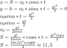 x=S=v_0*cos\alpha*t\\ y=h=v_0*sin\alpha*t-\frac{gt^2}{2}=0\\ v_0 sin\alpha*t=\frac{gt^2}{2}\\ v_0 sin\alpha=\frac{gt}{2}\\ v_0=\frac{gt}{2sin\alpha}\\ S=\frac{gt}{2sin\alpha}*cos\alpha*t=\frac{gt^2 ctg\alpha}{2}\\ S=\frac{10*(2)^2*ctg60}{2} \approx 11,5