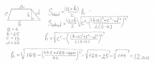 Решите) длины параллельных сторон трапеции равны 25 и 4 см, а длины непараллельных сторон- 20 и 13 с