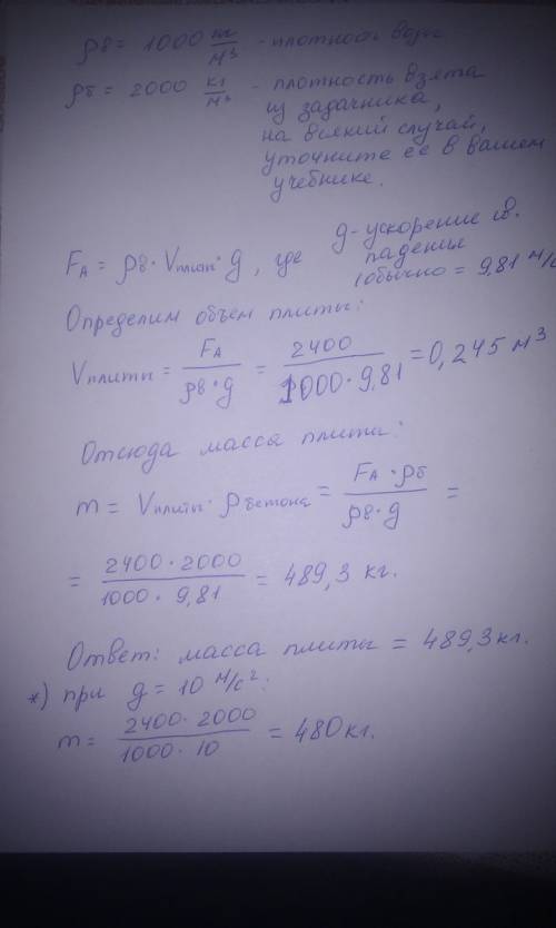 Выталкивующая сила, действующия на погружённую в воду бетонную плиту, равна 2400н.какова масса плиты