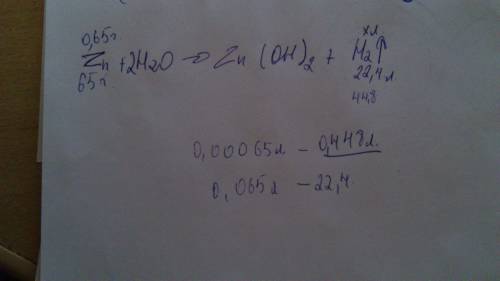 Какой объем водорода выделится при пропускании паров воды над цинком массой 0,65г?