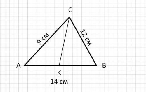 Ck - биссектриса треугольника abc, ab = 14 см, ac = 9 см, bc = 12 см. найдите ak и kb