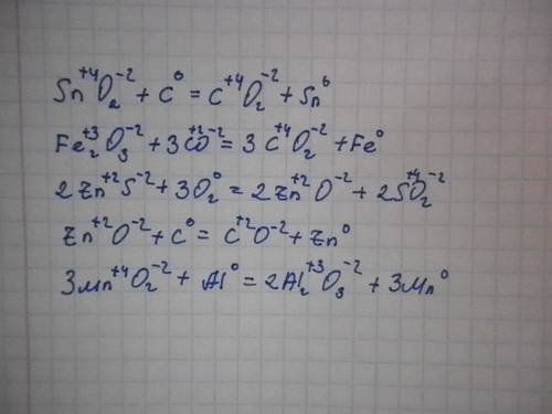 Сделайте ионный разбор полный: sno2+c=co2+sn fe2o3+3co=3co2+fe 2zns+3o2=2zno+2so2 zno+c=co+zn 3mno2+