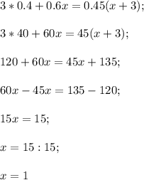 3*0.4+0.6x=0.45(x+3);\\\\3*40+60x=45(x+3);\\\\120+60x=45x+135;\\\\60x-45x=135-120;\\\\15x=15;\\\\x=15:15;\\\\x=1