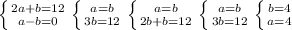 \left \{ {2a+b=12} \atop {a-b=0}} \right. \left \{ {a=b} \atop {3b=12}} \right. \left \{ {a=b} \atop {2b+b=12}} \right. \left \{ {a=b} \atop {3b=12}} \right. \left \{ {b=4} \atop {a=4}} \right.