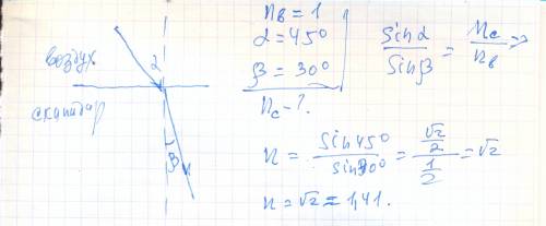 Определите показатель преломления скипидара если известно что при угле падения 45 угол преломления р