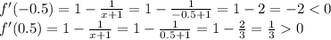 f'(-0.5) =1-\frac{1}{x+1} = 1-\frac{1}{-0.5+1} = 1 - 2 = -2 <0 \\ f'(0.5) =1- \frac{1}{x+1} = 1- \frac{1}{0.5+1} = 1 - \frac{2}{3} = \frac{1}{3} 0