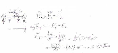 Два точных заряда 2мккл и 1мккл расположены на расстоянии 2м друг отдруга.чему равна величина напряж