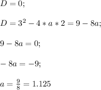 D=0;\\\\D=3^2-4*a*2=9-8a;\\\\9-8a=0;\\\\-8a=-9;\\\\a=\frac{9}{8}=1.125