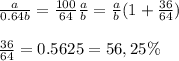 \frac{a}{0.64b} = \frac{100}{64}\frac{a}{b} = \frac{a}{b}(1 + \frac{36}{64})\\ \\ \frac{36}{64} = 0.5625 = 56,25\%