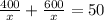 \frac{400}{x}+\frac{600}{x}=50