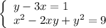 \left\{\begin{array}{l} y-3x=1 \\ x^2-2xy+y^2=9 \end{array}