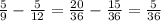 \frac{5}{9}-\frac{5}{12}=\frac{20}{36}-\frac{15}{36}=\frac{5}{36}