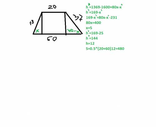 Параллельные стороны трапеции равны 60 см и 20 см, а боковые стороны - 13 см и 37 см. найдите площад