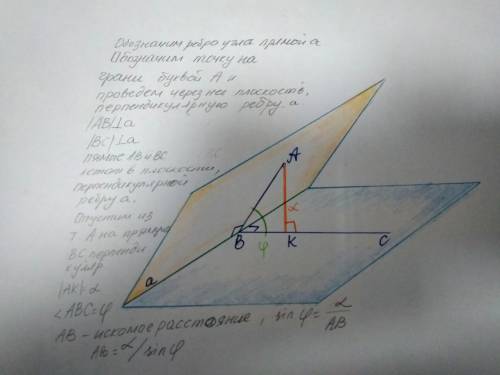 Двугранный угол равень фи. на одной грани этого угла лежит точка, удаленная на растояние альфа от