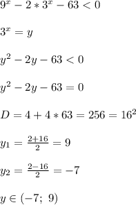 9^{x}-2*3^{x}-63<0 \\ \\ 3^x=y \\ \\ y^2-2y-63<0 \\ \\ y^2-2y-63=0 \\ \\ D=4+4*63=256=16^2 \\ \\ y_1=\frac{2+16}{2}=9 \\ \\ y_2=\frac{2-16}{2}=-7 \\ \\ y \in (-7;\ 9)