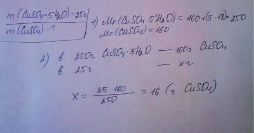 Вычисли массу безводной соли cuso4, которую можно получить из кристаллогидрата cuso4* 5h2o массой 25