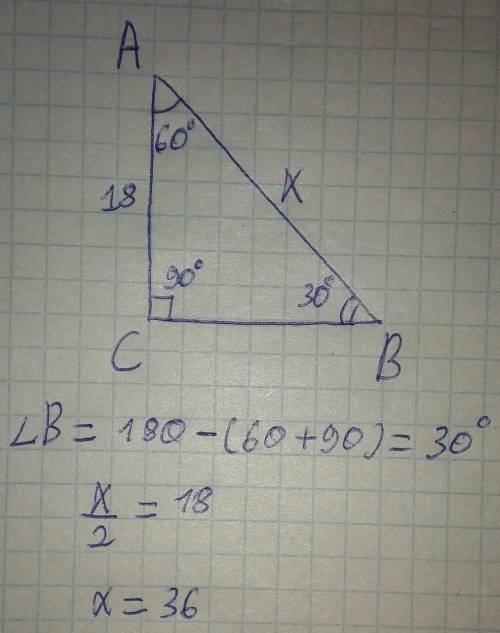 Впрямоугольном треугольнике abc угол c= 90°,а угол a =60° катет ac=18 °. найдите гипотенузу ​