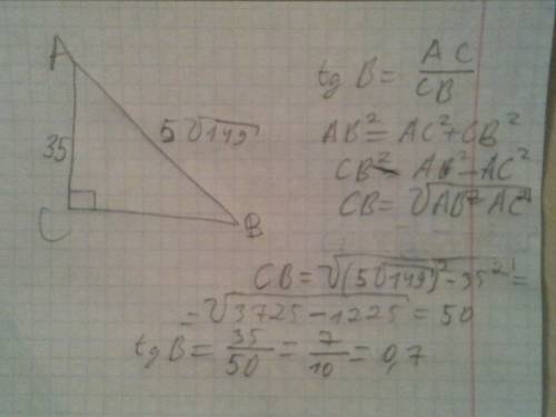 Втреугольнике abc угол с равен 90 ab=5 корень из 149, ac=35.найдите tgb можно просто ответ!